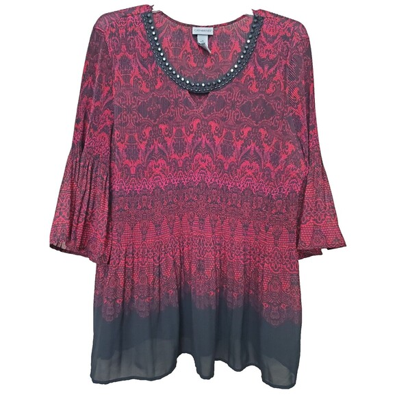Catherines Micro-Pleated Flared Sleeve Studded Red & Black Ombre Tunic Size 3X - Picture 1 of 6